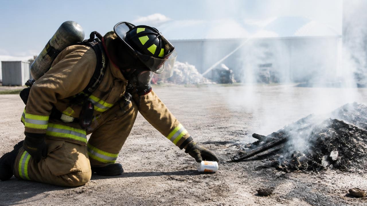 Firefighter placing a QuenchPod beside a smouldering debris pile