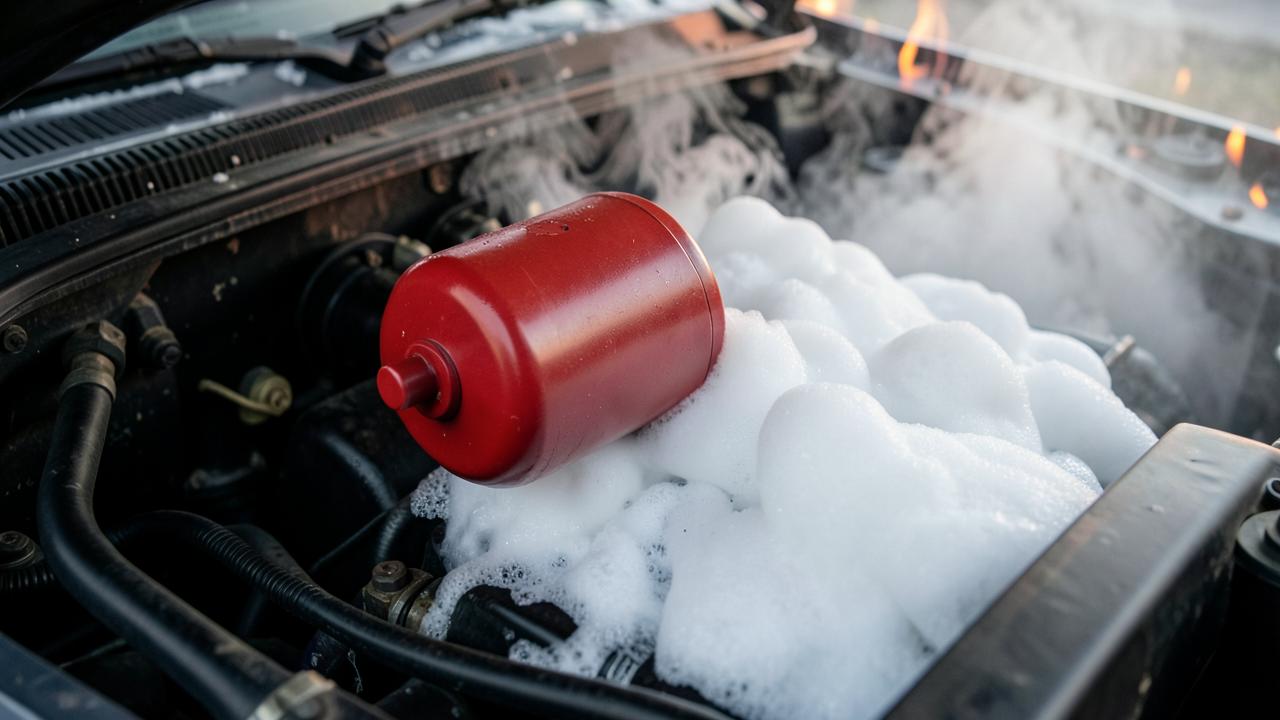 QuenchPod R fitted in an engine bay, activating and filling it with foam