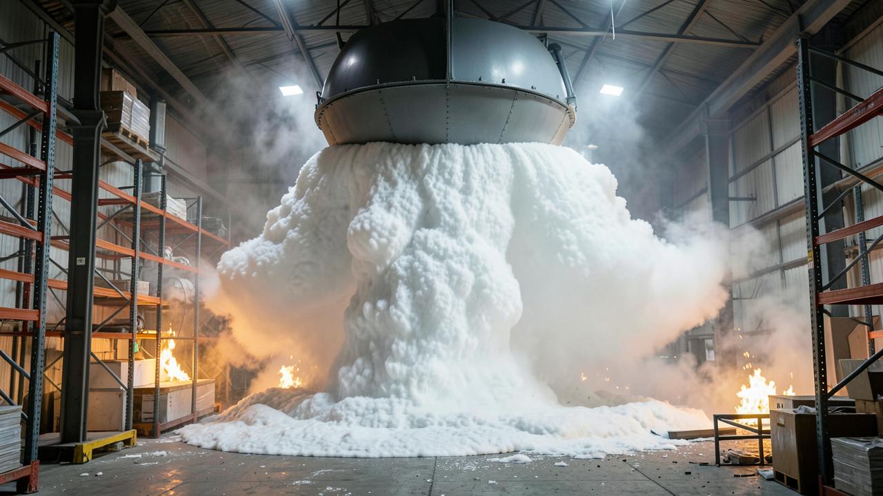 Ceiling-mounted QuenchPod X activating in a warehouse, foam spreading